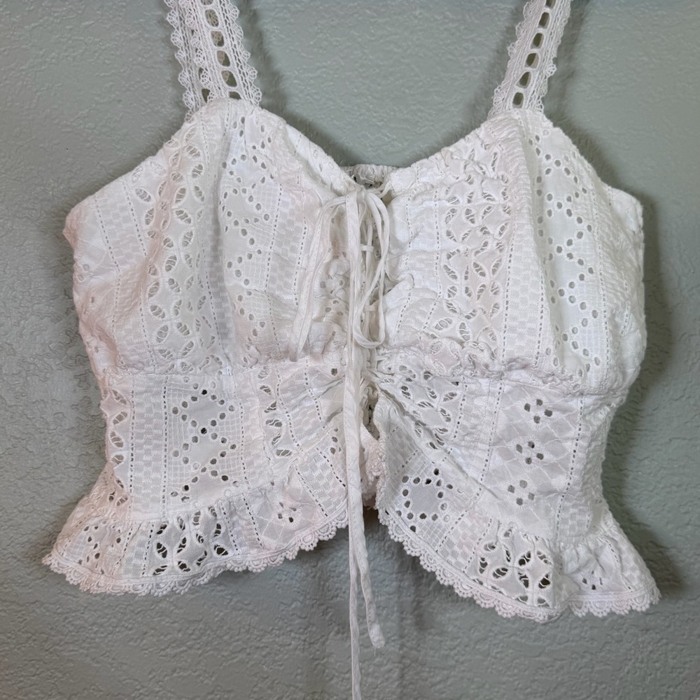 Blenca White Eyelet Sweatheart Neckline Smocked Corset Tie Front Bohemian Top XL - Picture 2 of 8